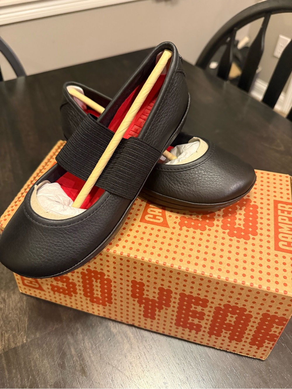Camper Black Leather Mary Jane Flats with Elastic Strap